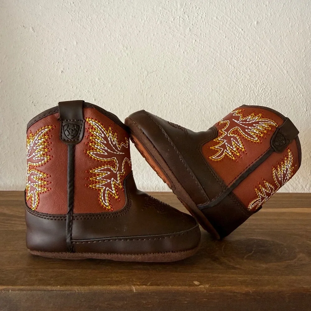 Ariat Lil' Stompers Baby Cowboy Boots Size 3 Brown Western Embroidered w/ Case